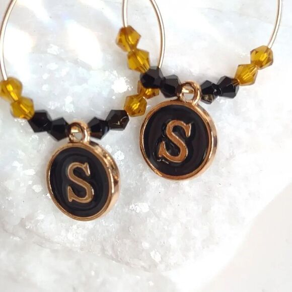 Initial Charm Earrings Black and Gold - Picture 5 of 16